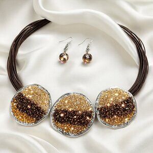 Signature NYC, Multi layers Amber & Brown Statement Necklace Set - Drop Earrings